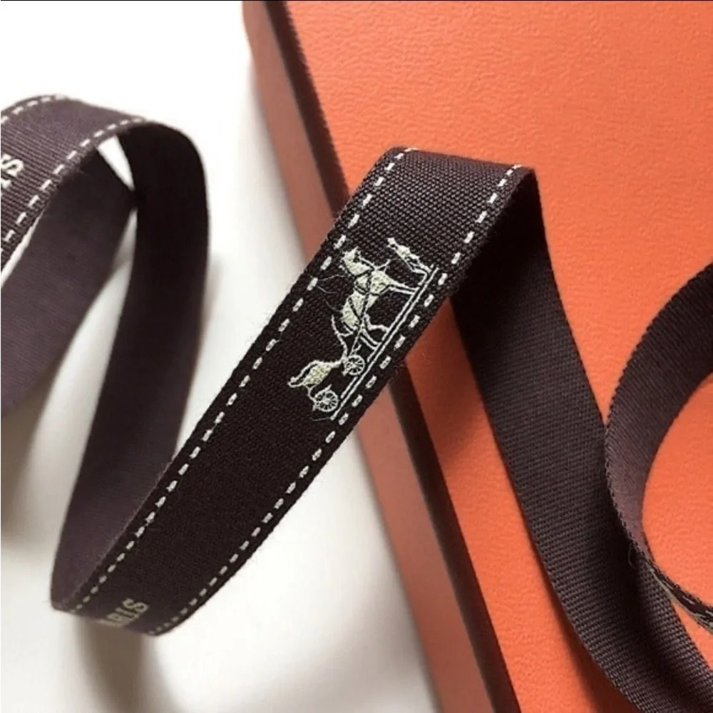 Hermes Paris Bolduc Ribbon Dark Brown White Logo Horse Carriage Authentic 1 Yard